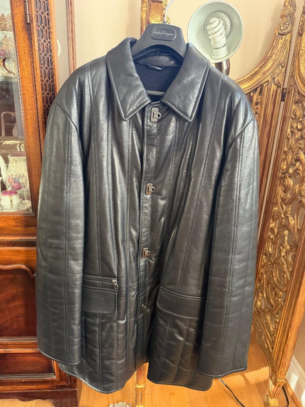 Men’s Ferragamo insulated black leather coat (size 54)
